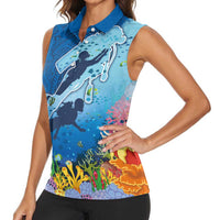 Polynesian Scuba Diving Women Sleeveless Polo Shirt Beauty Corals with Underwater and Polynesian Pattern