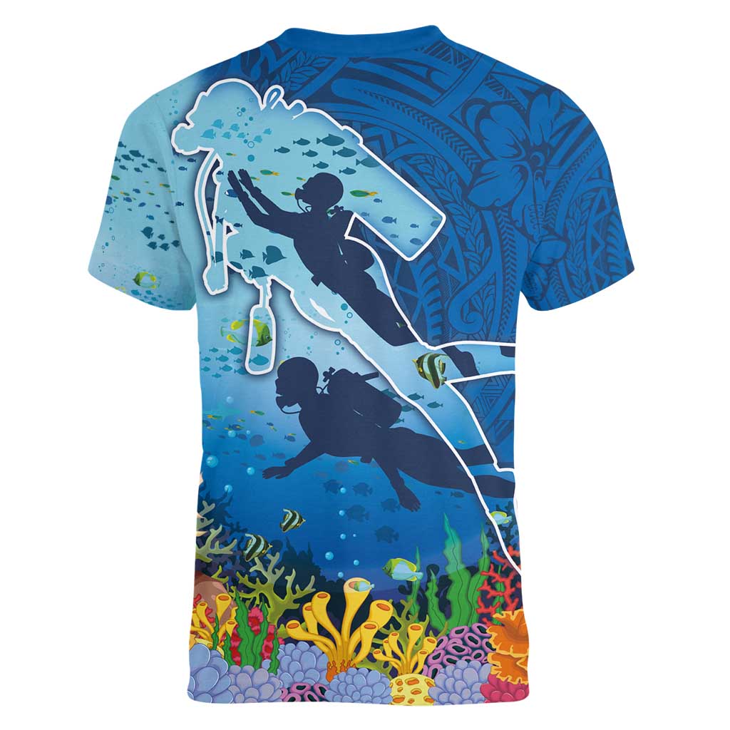 Polynesian Scuba Diving Women V-Neck T-Shirt Beauty Corals with Underwater and Polynesian Pattern