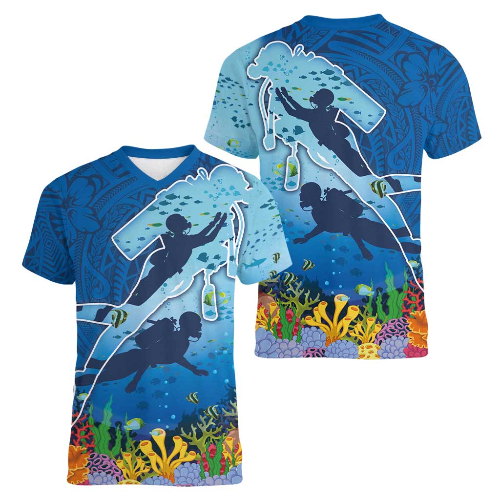 Polynesian Scuba Diving Women V-Neck T-Shirt Beauty Corals with Underwater and Polynesian Pattern