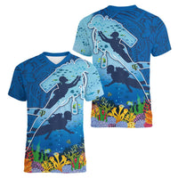 Polynesian Scuba Diving Women V-Neck T-Shirt Beauty Corals with Underwater and Polynesian Pattern
