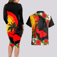 Hawaii Maui Island Couples Matching Long Sleeve Bodycon Dress and Hawaiian Shirt Maui Map With Tropical Forest Sunset Vibe LT03 - Polynesian Pride