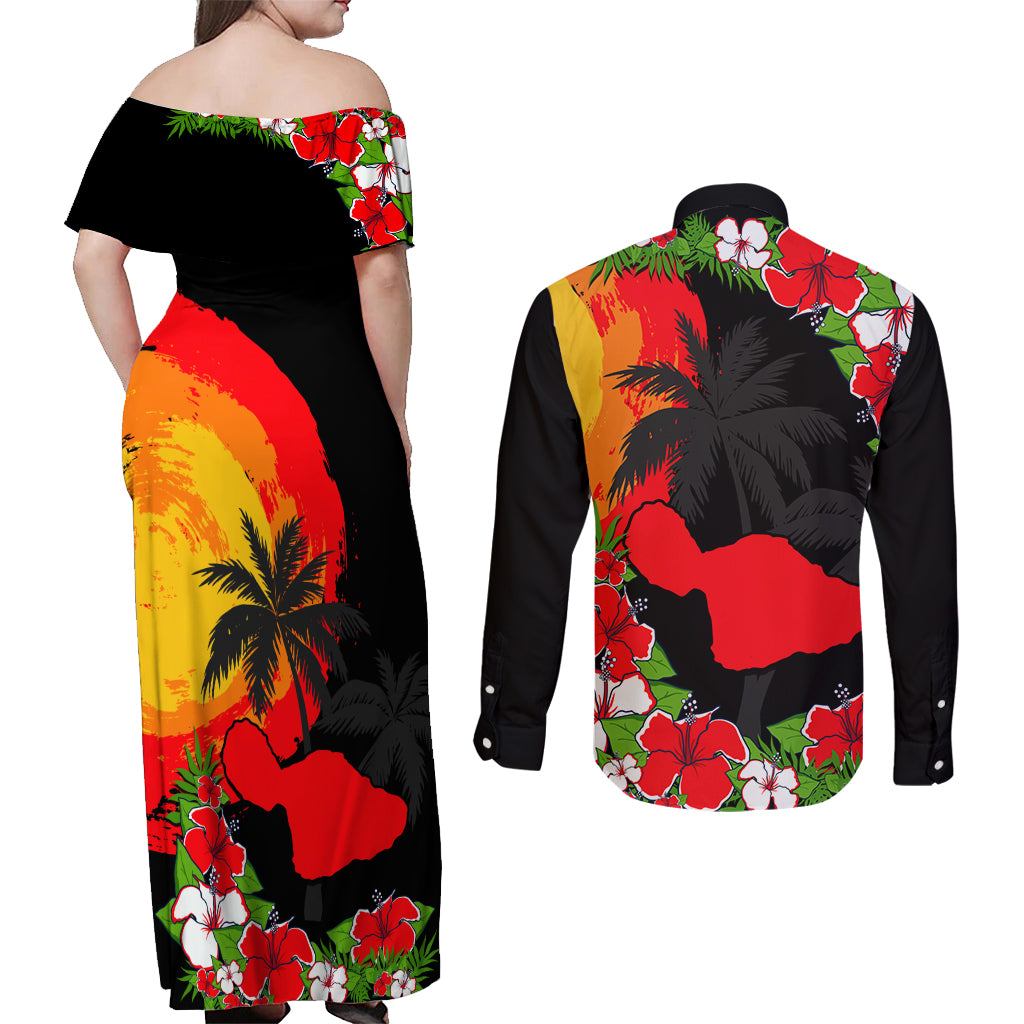 Hawaii Maui Island Couples Matching Off Shoulder Maxi Dress and Long Sleeve Button Shirts Maui Map With Tropical Forest Sunset Vibe LT03 - Polynesian Pride