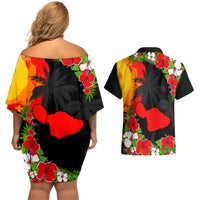 Hawaii Maui Island Couples Matching Off Shoulder Short Dress and Hawaiian Shirt Maui Map With Tropical Forest Sunset Vibe LT03 - Polynesian Pride