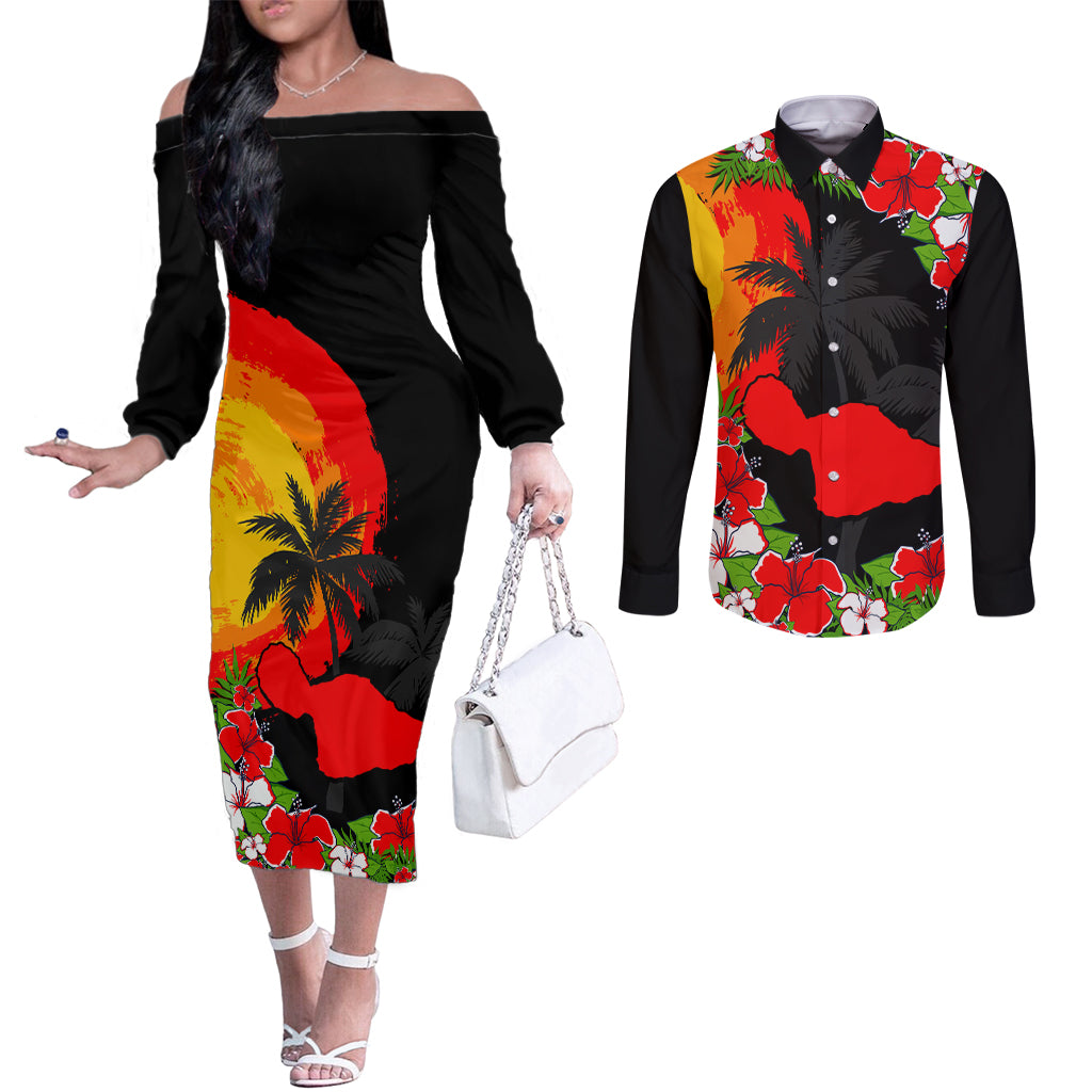 Hawaii Maui Island Couples Matching Off The Shoulder Long Sleeve Dress and Long Sleeve Button Shirts Maui Map With Tropical Forest Sunset Vibe LT03 Black - Polynesian Pride