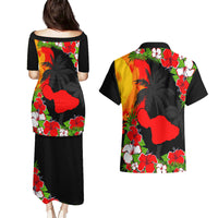 Hawaii Maui Island Couples Matching Puletasi Dress and Hawaiian Shirt Maui Map With Tropical Forest Sunset Vibe LT03 - Polynesian Pride