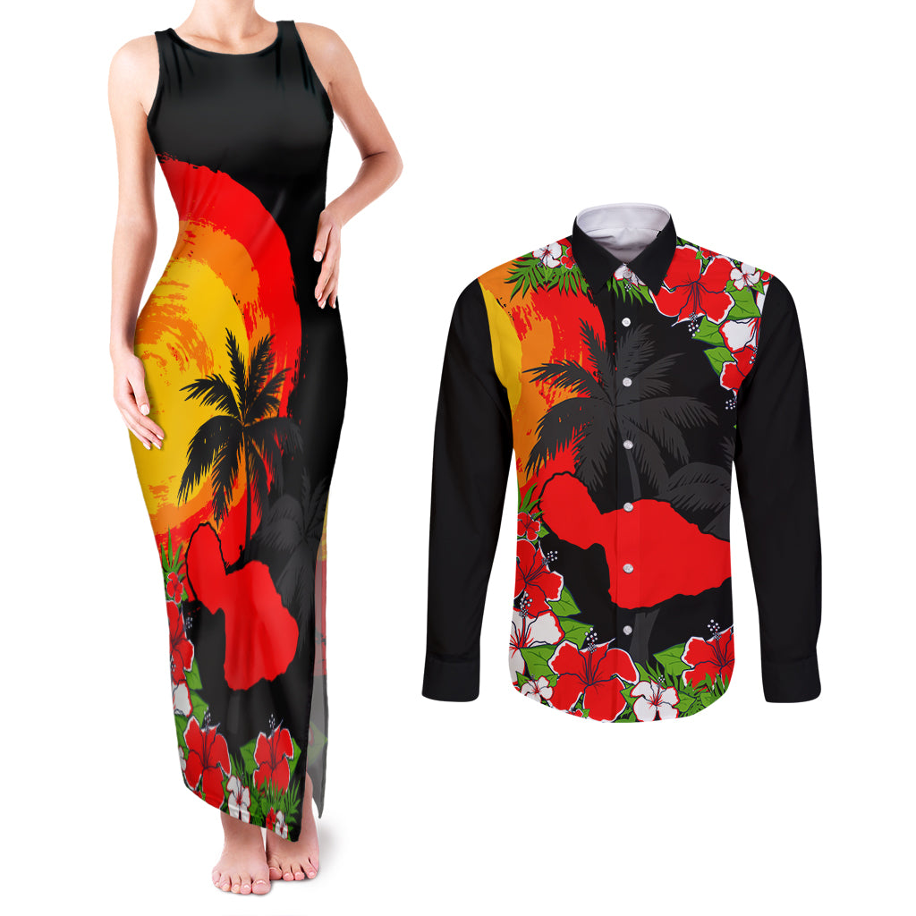 Hawaii Maui Island Couples Matching Tank Maxi Dress and Long Sleeve Button Shirts Maui Map With Tropical Forest Sunset Vibe LT03 Black - Polynesian Pride