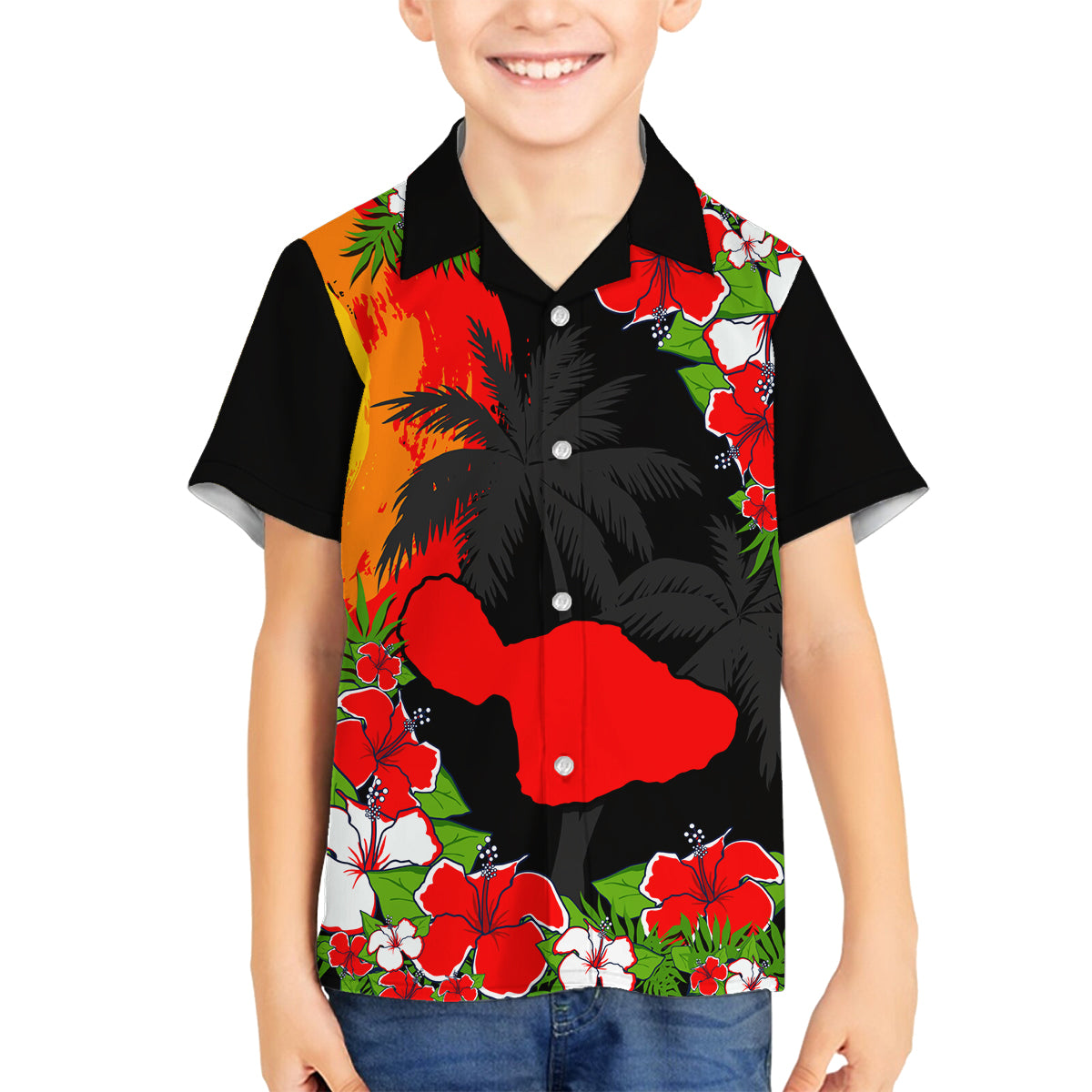 Hawaii Maui Island Family Matching Long Sleeve Bodycon Dress and Hawaiian Shirt Maui Map With Tropical Forest Sunset Vibe LT03 Son's Shirt Black - Polynesian Pride