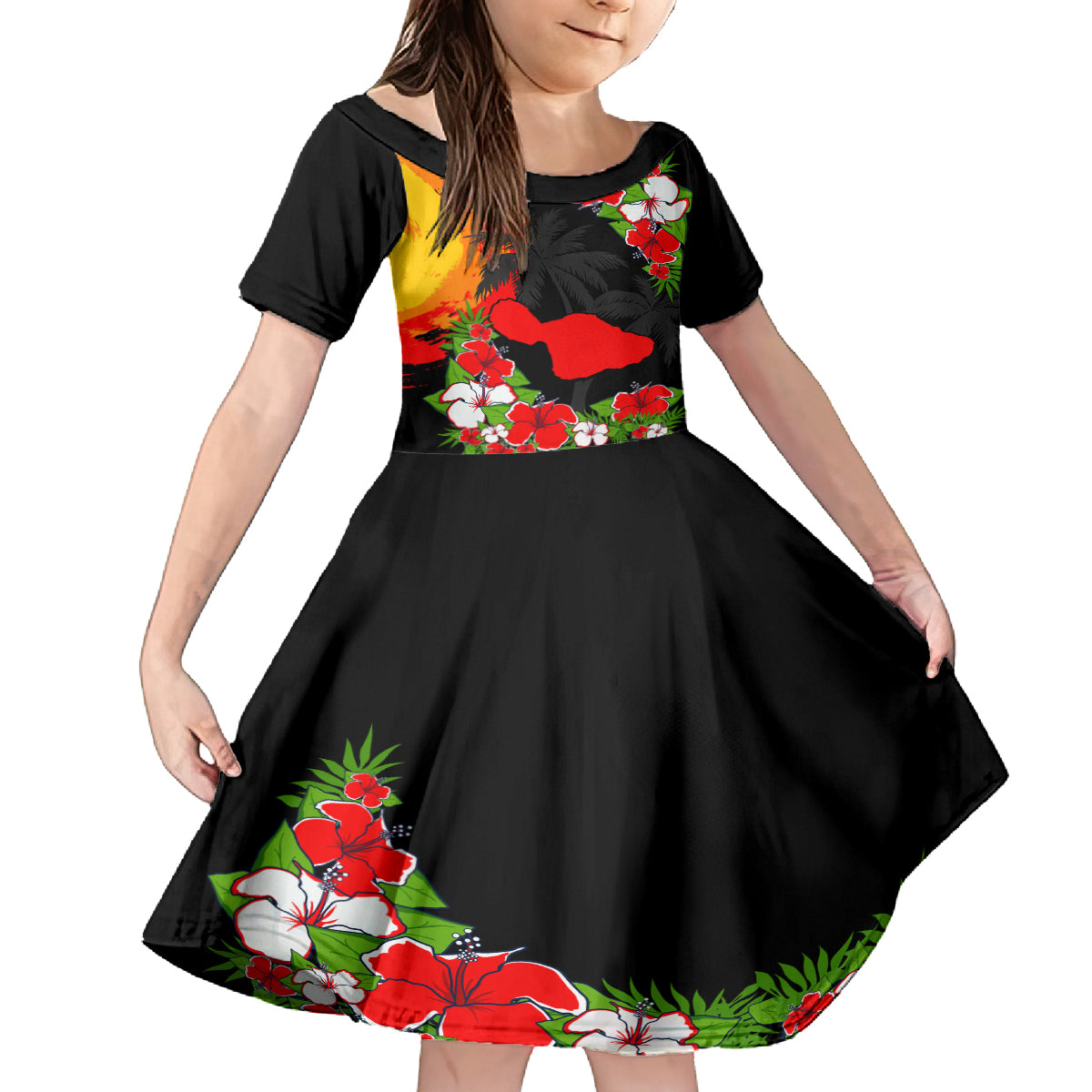 Hawaii Maui Island Family Matching Puletasi Dress and Hawaiian Shirt Maui Map With Tropical Forest Sunset Vibe LT03 Daughter's Dress Black - Polynesian Pride