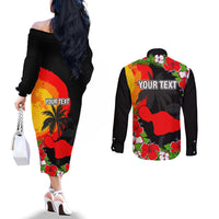Custom Hawaii Maui Island Couples Matching Off The Shoulder Long Sleeve Dress and Long Sleeve Button Shirts Maui Map With Tropical Forest Sunset Vibe LT03 - Polynesian Pride