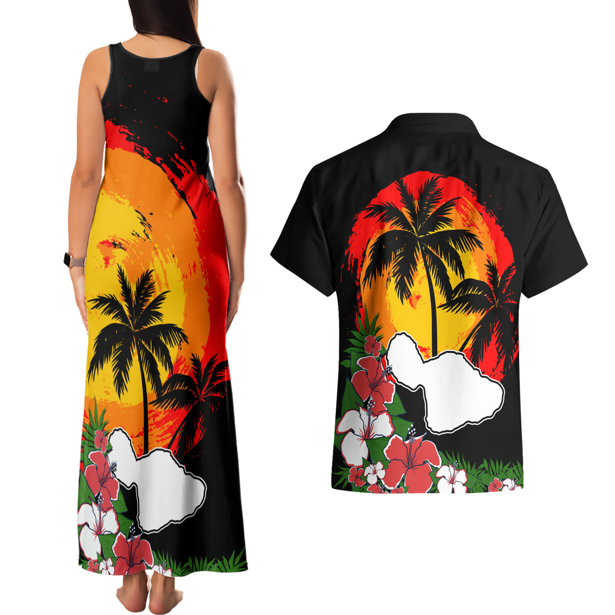 Hawaii Maui Island Couples Matching Tank Maxi Dress and Hawaiian Shirt Maui Map With Tropical Forest Vintage Style LT03 - Polynesian Pride