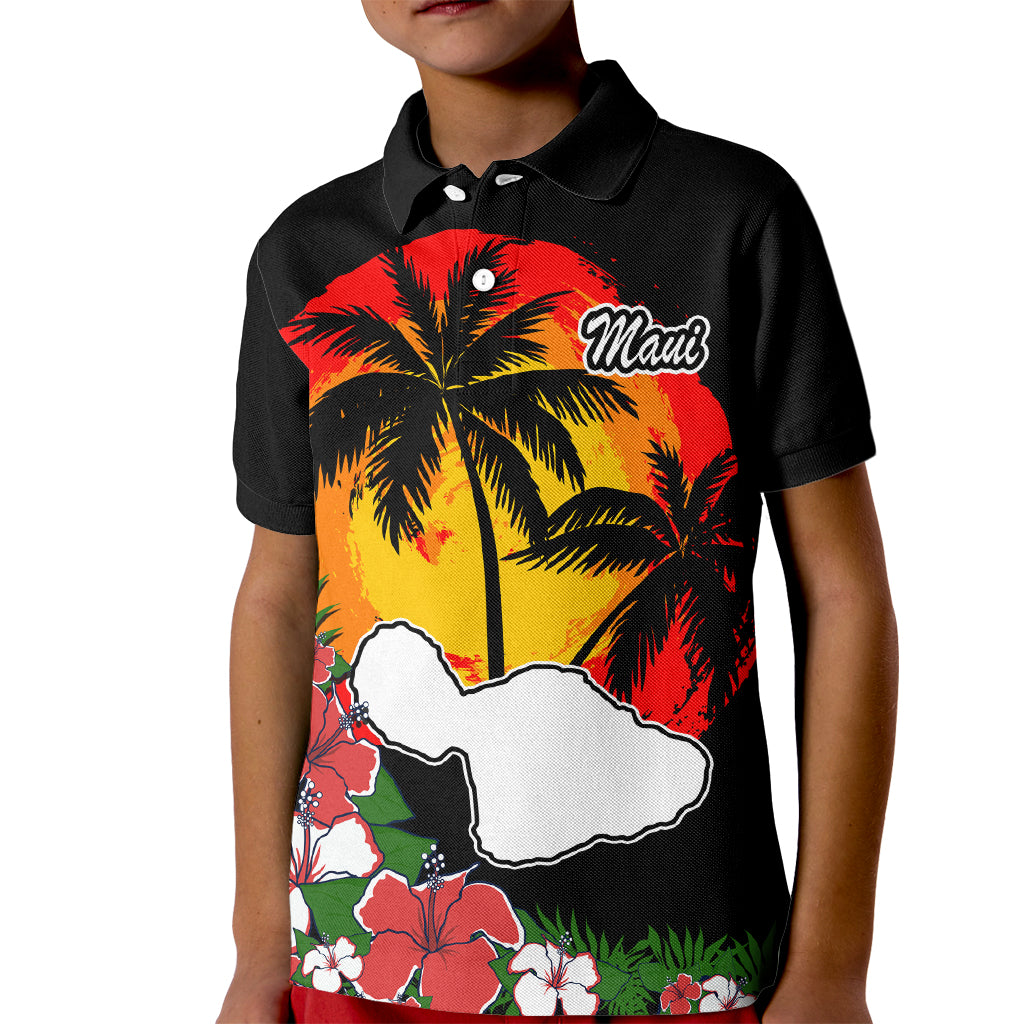 Hawaii Maui Island Kid Polo Shirt Maui Map With Tropical Forest Vintage Style LT03 Kid Black - Polynesian Pride