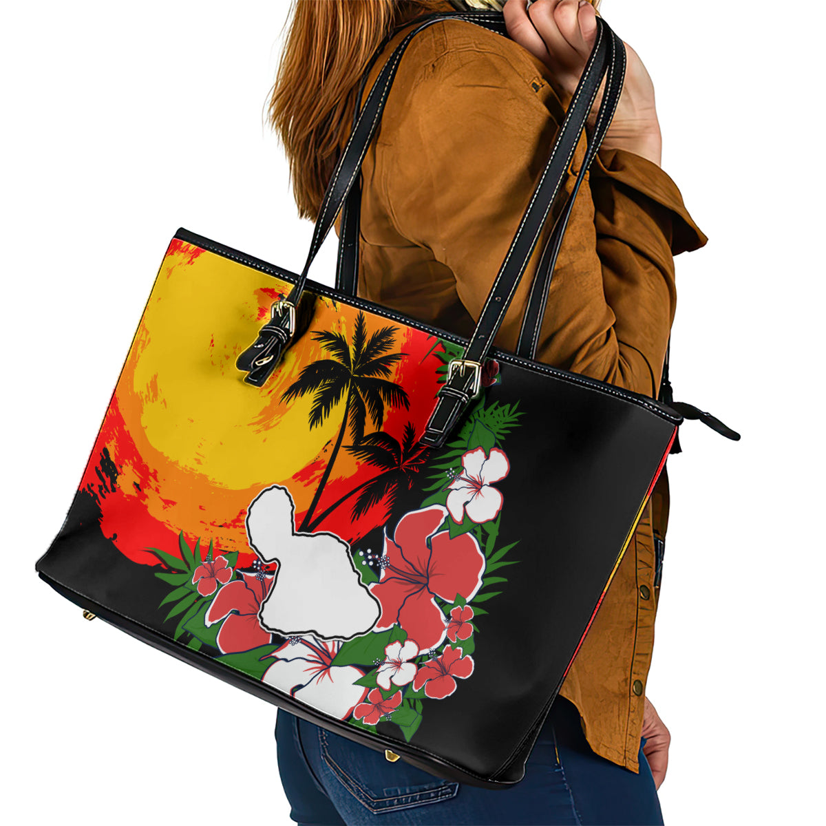 Hawaii Maui Island Leather Tote Bag Maui Map With Tropical Forest Vintage Style LT03 - Polynesian Pride