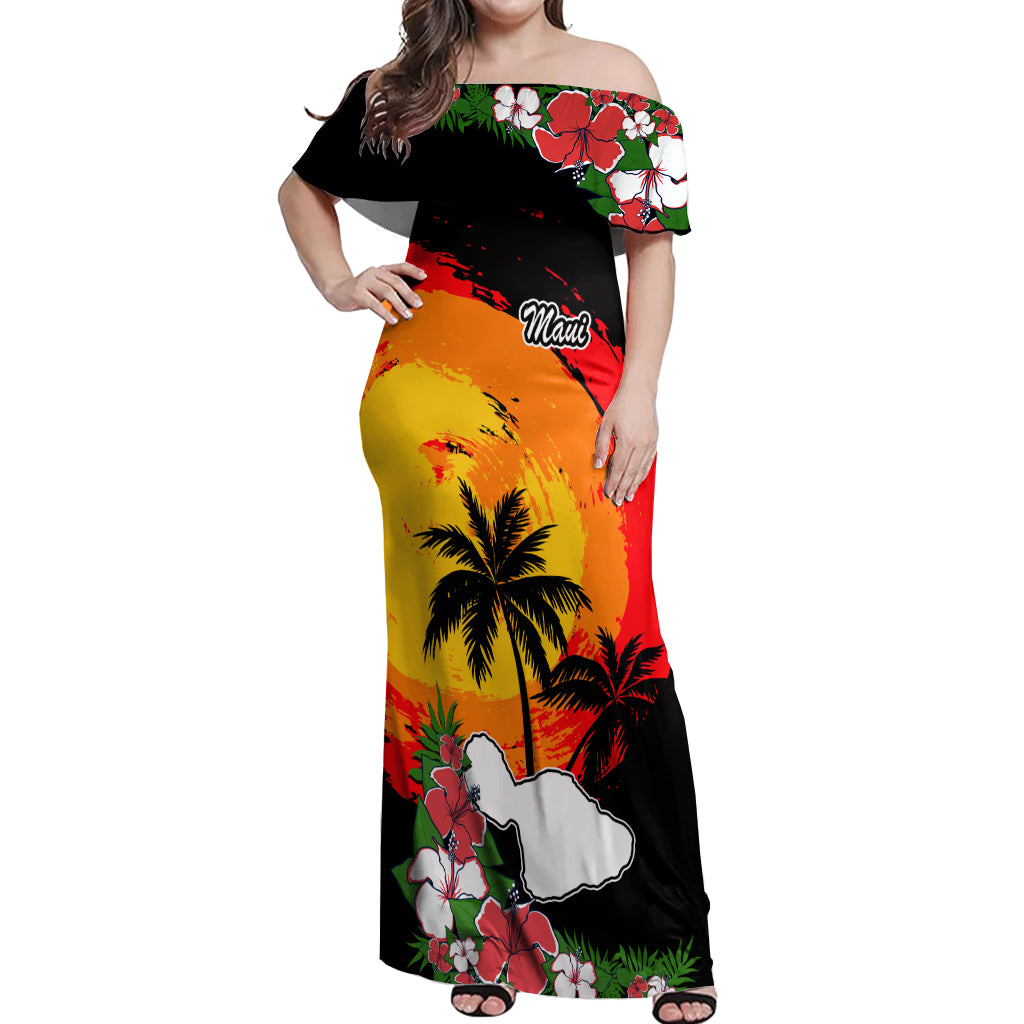 Hawaii Maui Island Off Shoulder Maxi Dress Maui Map With Tropical Forest Vintage Style LT03 Women Black - Polynesian Pride
