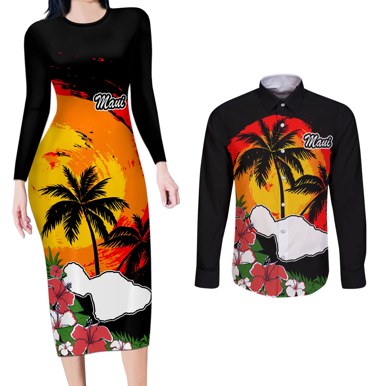 Custom Hawaii Maui Island Couples Matching Long Sleeve Bodycon Dress and Long Sleeve Button Shirts Maui Map With Tropical Forest Vintage Style LT03 Black - Polynesian Pride