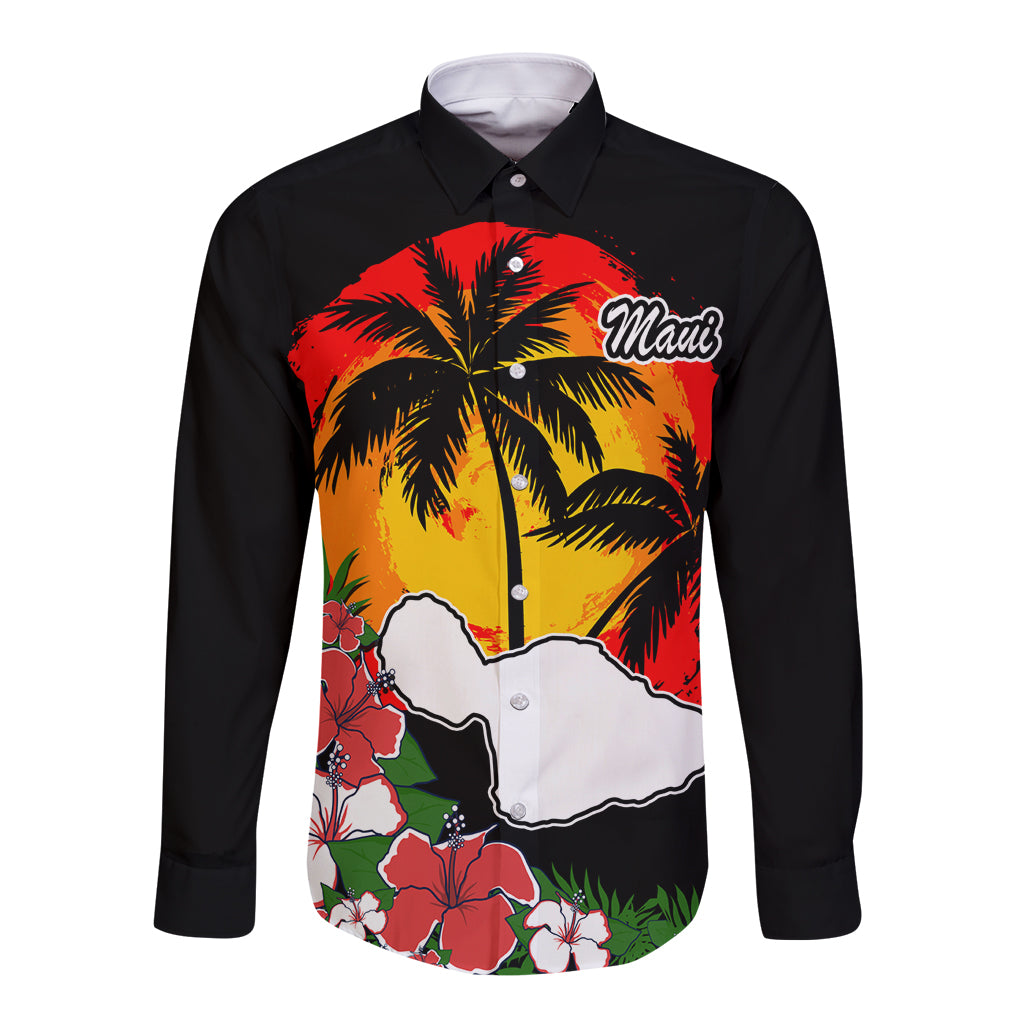 Custom Hawaii Maui Island Long Sleeve Button Shirt Maui Map With Tropical Forest Vintage Style LT03 Unisex Black - Polynesian Pride