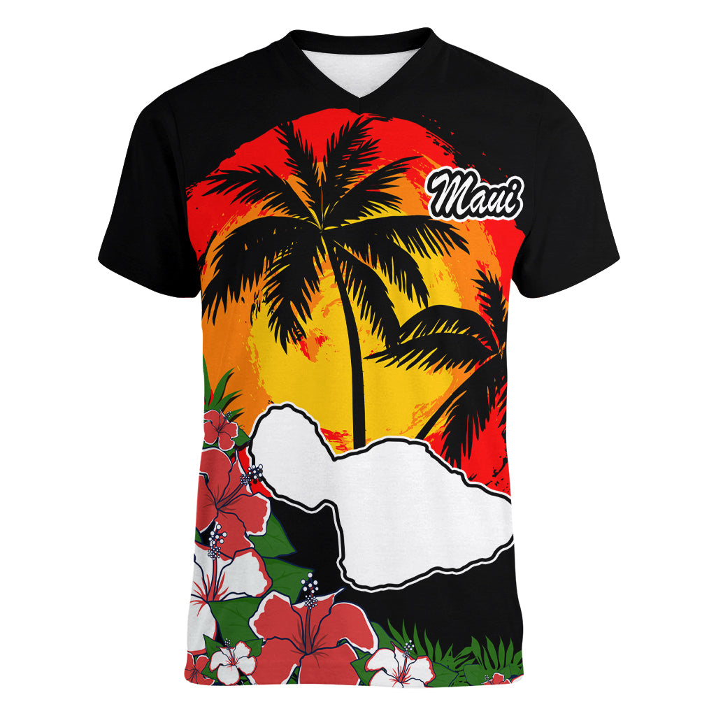 Custom Hawaii Maui Island Women V Neck T Shirt Maui Map With Tropical Forest Vintage Style LT03 Female Black - Polynesian Pride