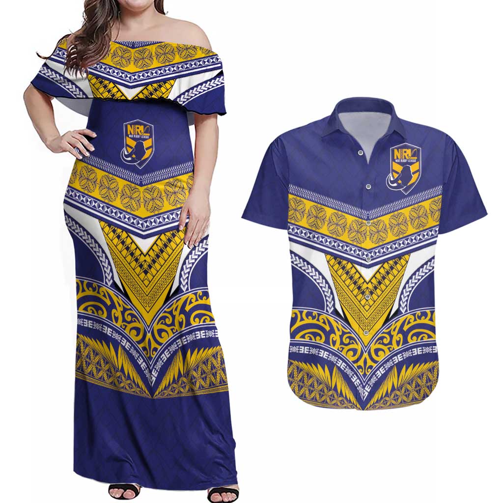 Custom Rugby Niue Couples Matching Off Shoulder Maxi Dress and Hawaiian Shirt Hiapo Tribal Heritage Tattoos Blue Color - Polynesian Pride