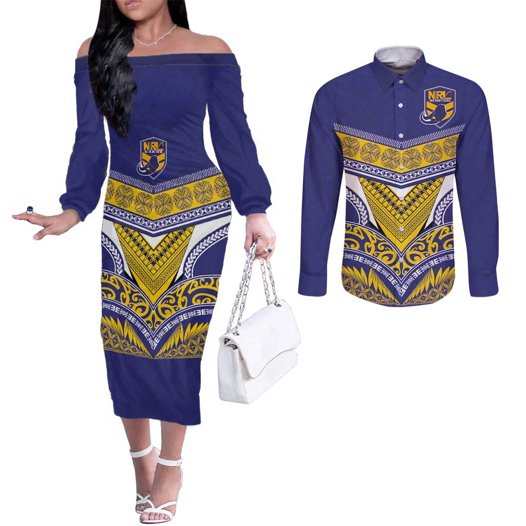 Custom Rugby Niue Couples Matching Off The Shoulder Long Sleeve Dress and Long Sleeve Button Shirt Hiapo Tribal Heritage Tattoos Blue Color - Polynesian Pride