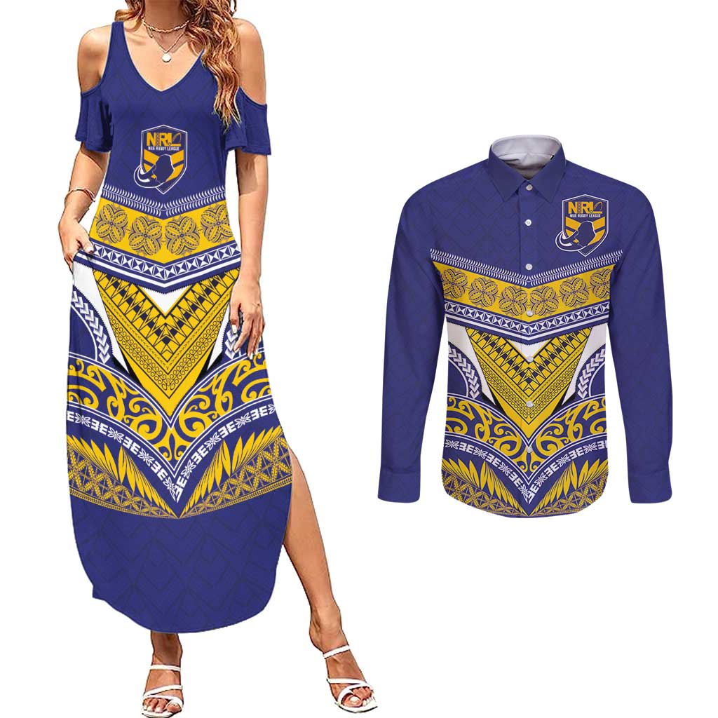 Custom Rugby Niue Couples Matching Summer Maxi Dress and Long Sleeve Button Shirt Hiapo Tribal Heritage Tattoos Blue Color - Polynesian Pride