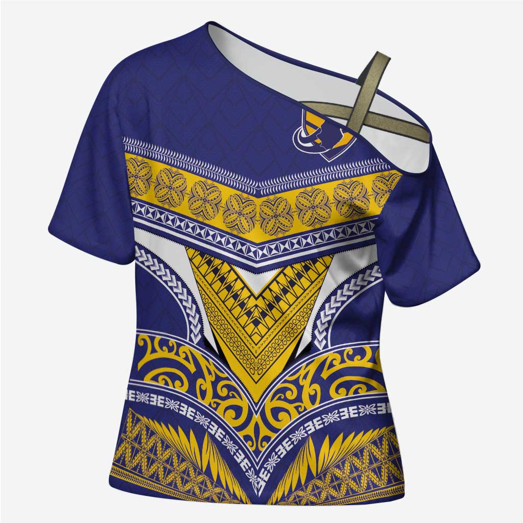 Custom Rugby Niue Cross Shoulder Shirt Hiapo Tribal Heritage Tattoos Blue Color - Polynesian Pride