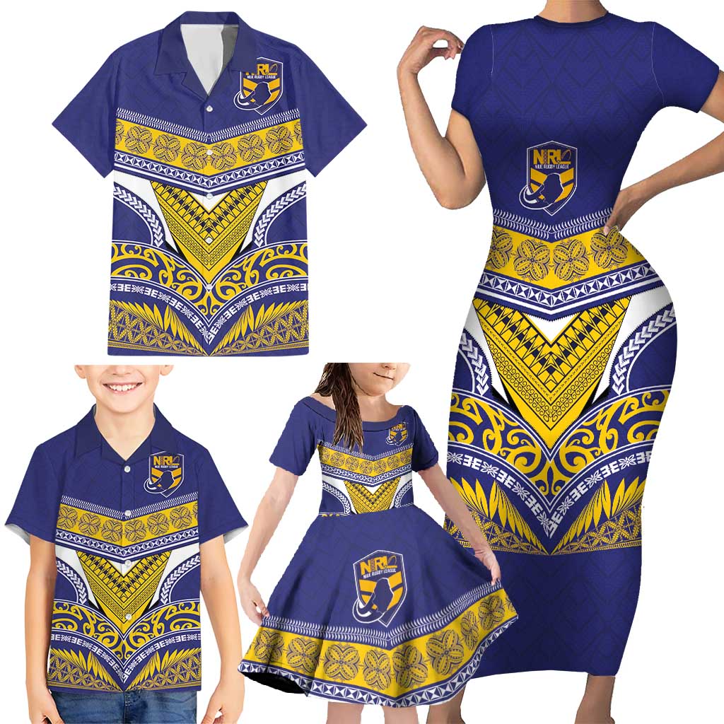 Custom Rugby Niue Family Matching Short Sleeve Bodycon Dress and Hawaiian Shirt Hiapo Tribal Heritage Tattoos Blue Color - Polynesian Pride