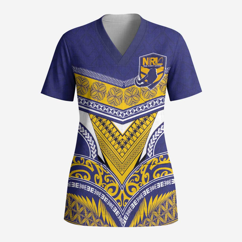 Custom Rugby Niue Scrub Top Hiapo Tribal Heritage Tattoos Blue Color LT03 Adult Blue - Polynesian Pride