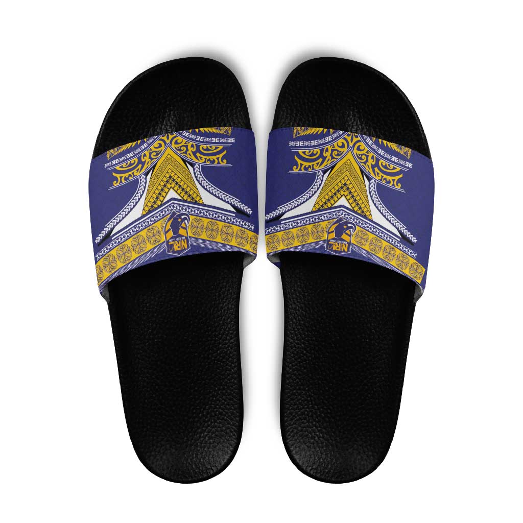 Rugby Niue Slide Sandals Hiapo Tribal Heritage Tattoos Blue Color - Polynesian Pride