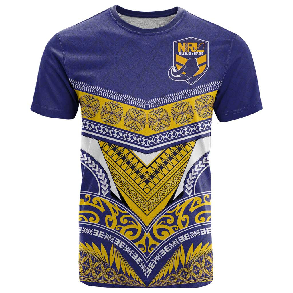 Custom Rugby Niue T Shirt Hiapo Tribal Heritage Tattoos Blue Color - Polynesian Pride