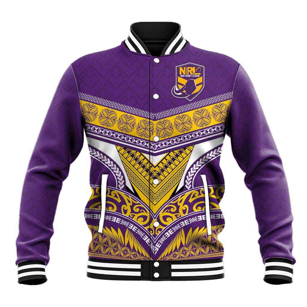 Custom Rugby Niue Baseball Jacket Hiapo Tribal Heritage Tattoos Purple Color - Polynesian Pride