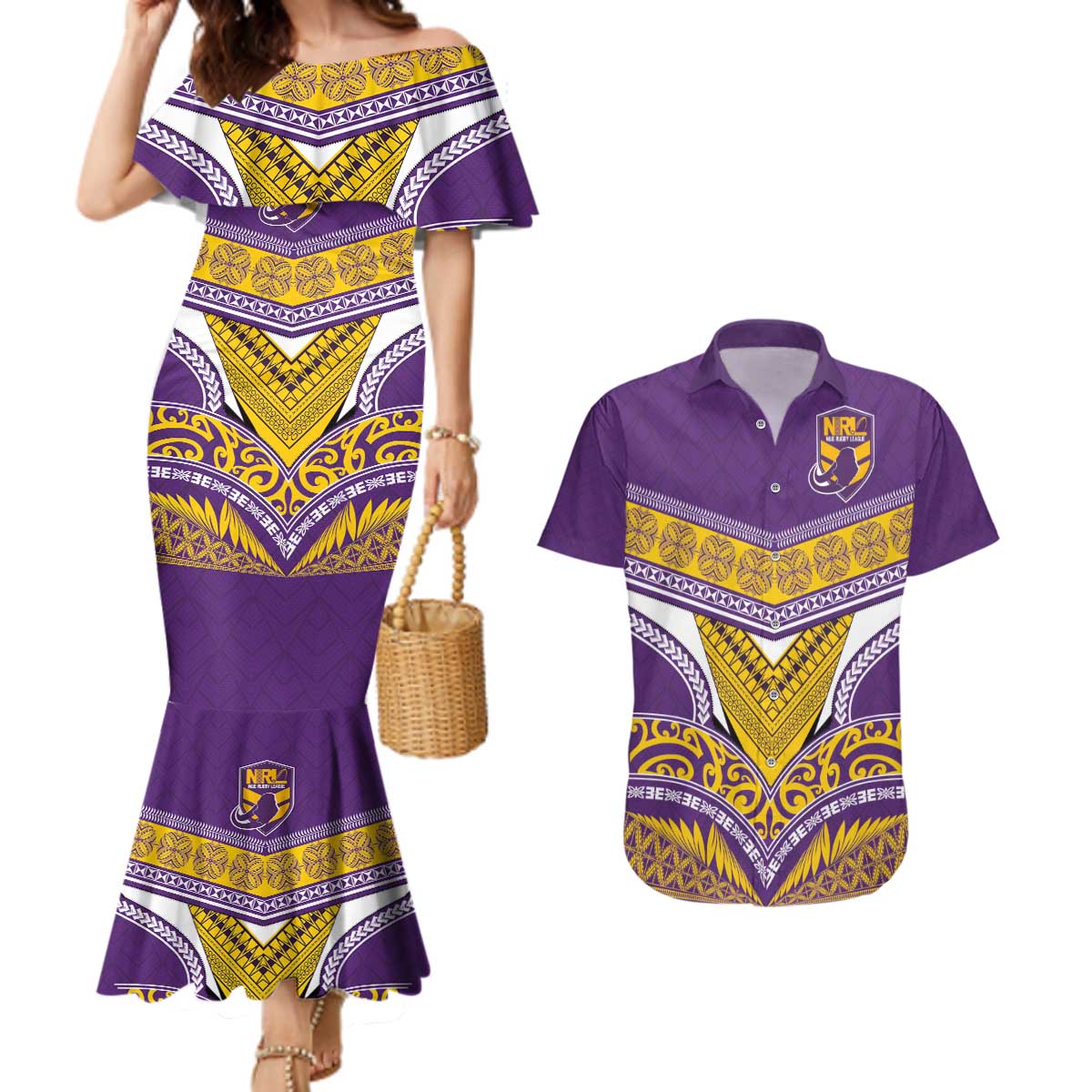 Custom Rugby Niue Couples Matching Mermaid Dress and Hawaiian Shirt Hiapo Tribal Heritage Tattoos Purple Color - Polynesian Pride