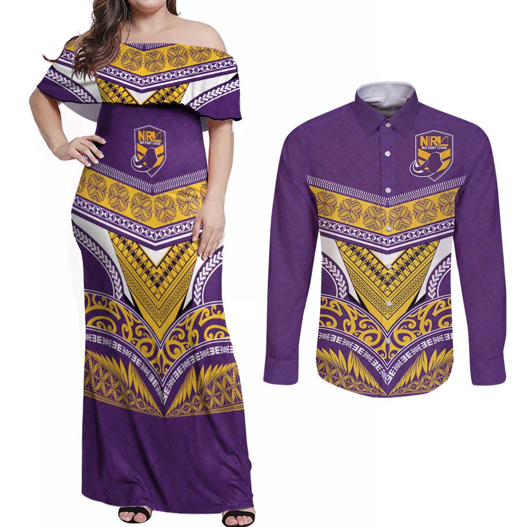 Custom Rugby Niue Couples Matching Off Shoulder Maxi Dress and Long Sleeve Button Shirt Hiapo Tribal Heritage Tattoos Purple Color - Polynesian Pride