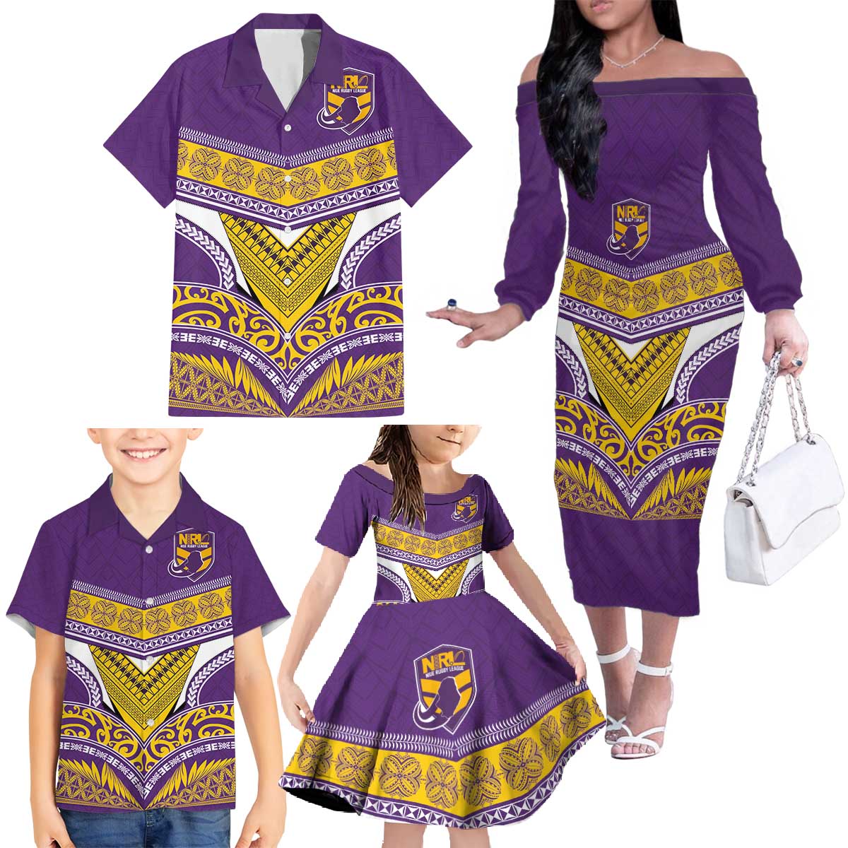 Custom Rugby Niue Family Matching Off The Shoulder Long Sleeve Dress and Hawaiian Shirt Hiapo Tribal Heritage Tattoos Purple Color - Polynesian Pride