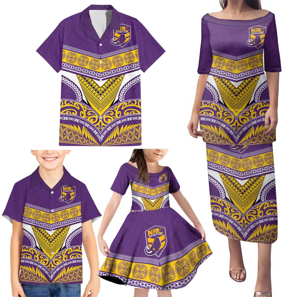 Custom Rugby Niue Family Matching Puletasi and Hawaiian Shirt Hiapo Tribal Heritage Tattoos Purple Color - Polynesian Pride