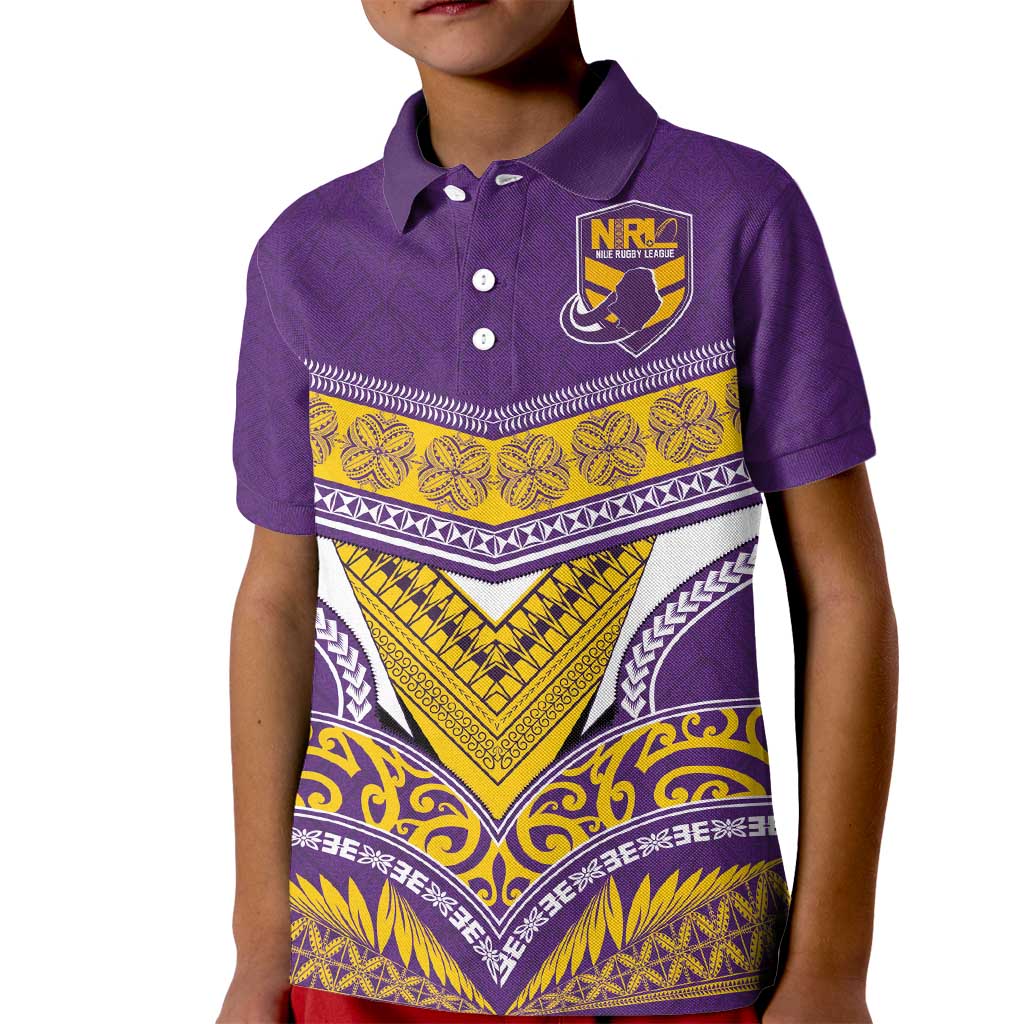 Custom Rugby Niue Kid Polo Shirt Hiapo Tribal Heritage Tattoos Purple Color - Polynesian Pride