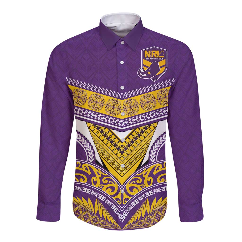 Custom Rugby Niue Long Sleeve Button Shirt Hiapo Tribal Heritage Tattoos Purple Color - Polynesian Pride