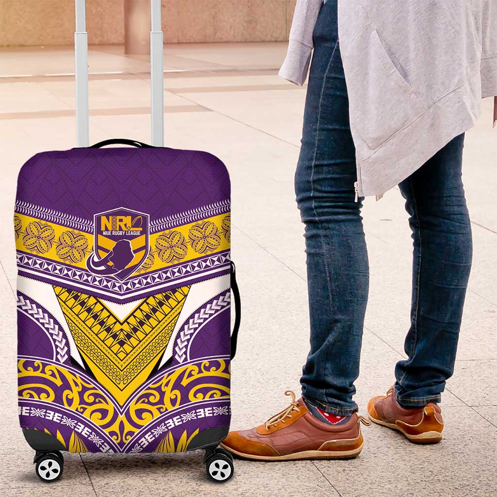 Rugby Niue Luggage Cover Hiapo Tribal Heritage Tattoos Purple Color - Polynesian Pride