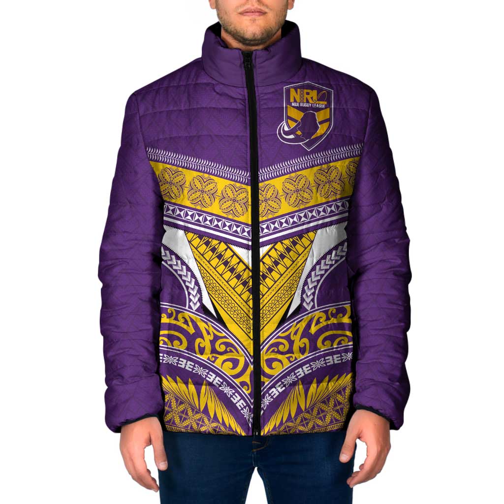 Custom Rugby Niue Padded Jacket Hiapo Tribal Heritage Tattoos Purple Color - Polynesian Pride