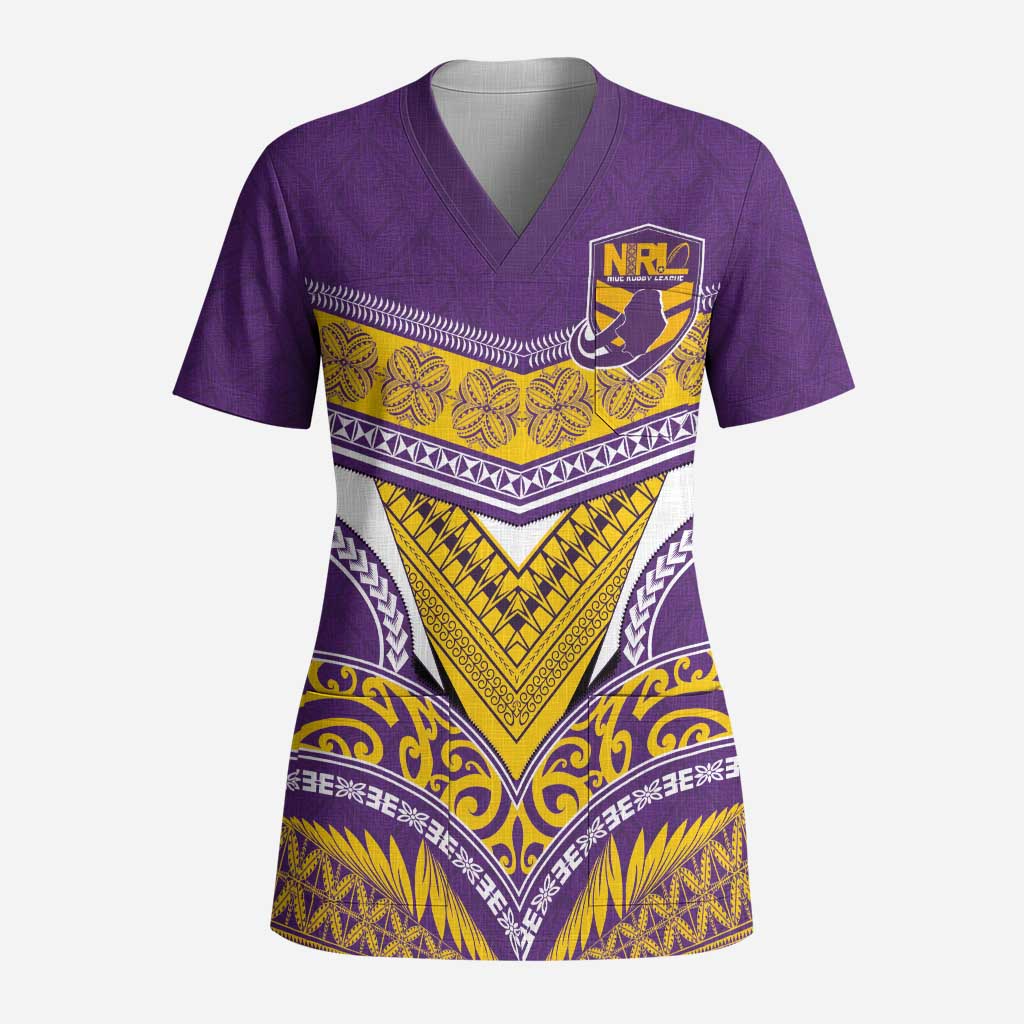 Custom Rugby Niue Scrub Top Hiapo Tribal Heritage Tattoos Purple Color LT03 Adult Purple - Polynesian Pride