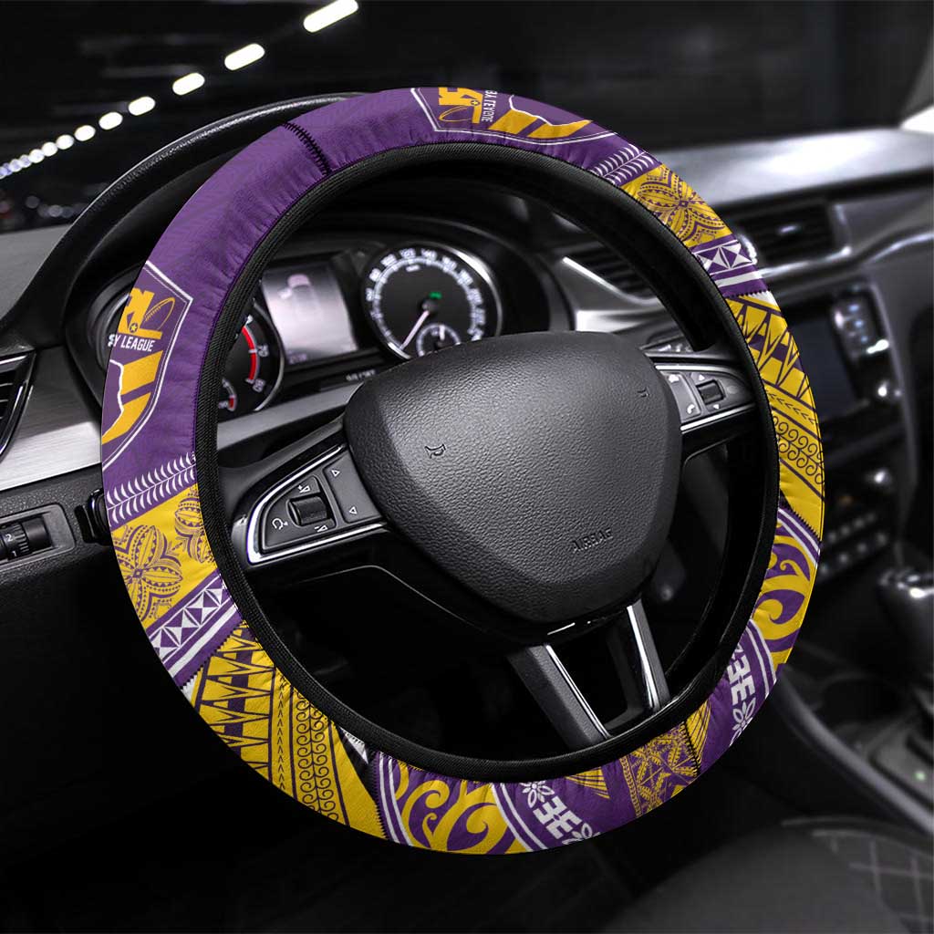 Rugby Niue Steering Wheel Cover Hiapo Tribal Heritage Tattoos Purple Color LT03 Universal Fit Purple - Polynesian Pride
