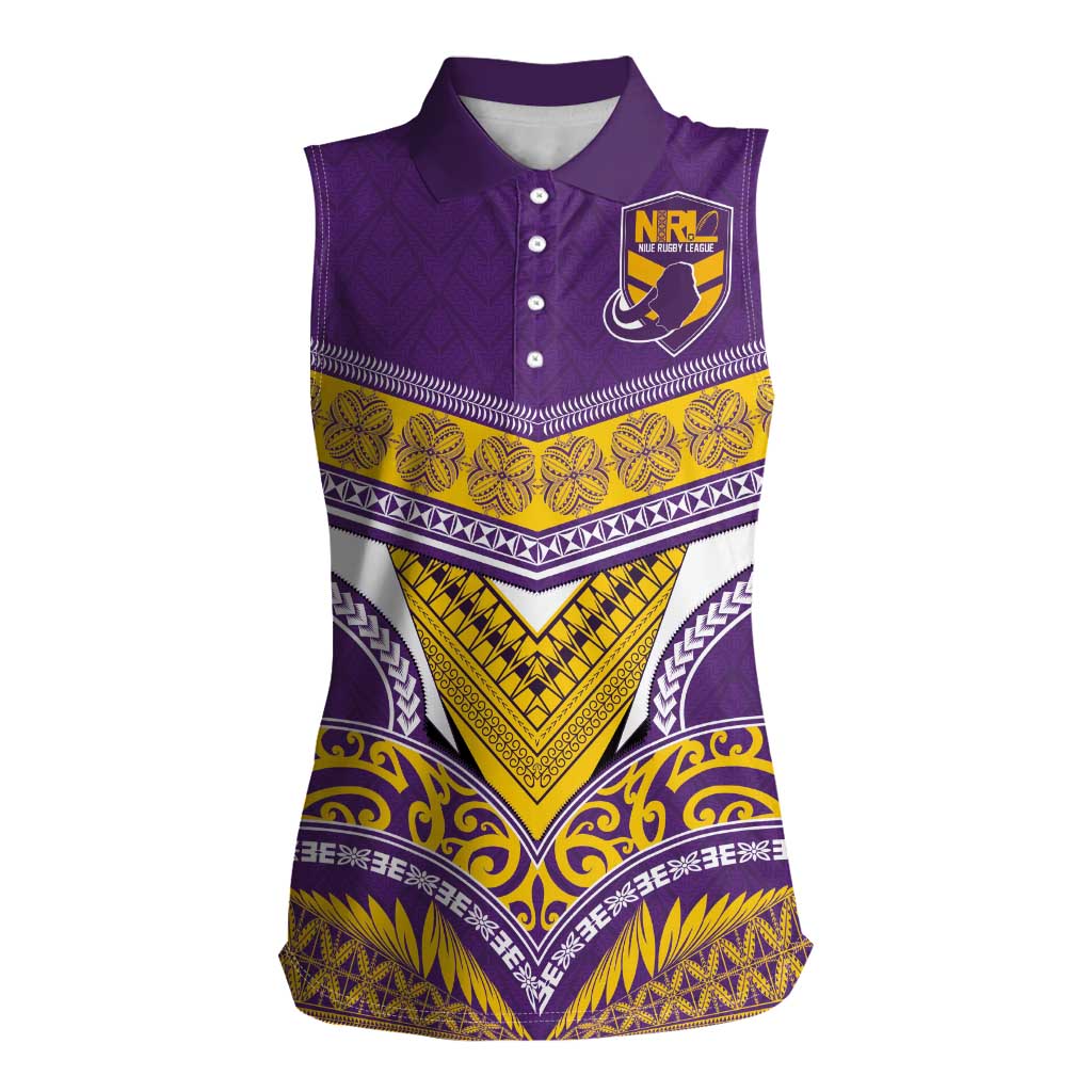 Custom Rugby Niue Women Sleeveless Polo Shirt Hiapo Tribal Heritage Tattoos Purple Color - Polynesian Pride