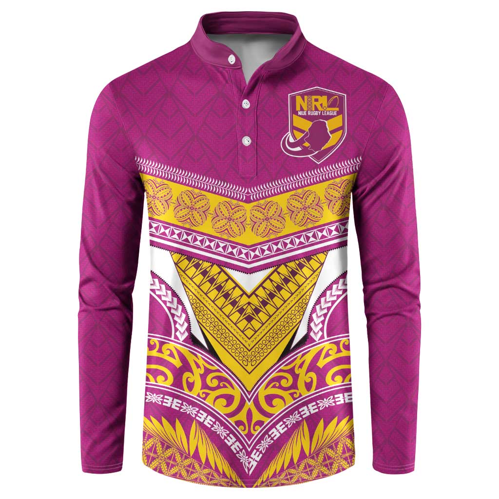 Custom Rugby Niue Button Sweatshirt Hiapo Tribal Heritage Tattoos Pink Color - Polynesian Pride