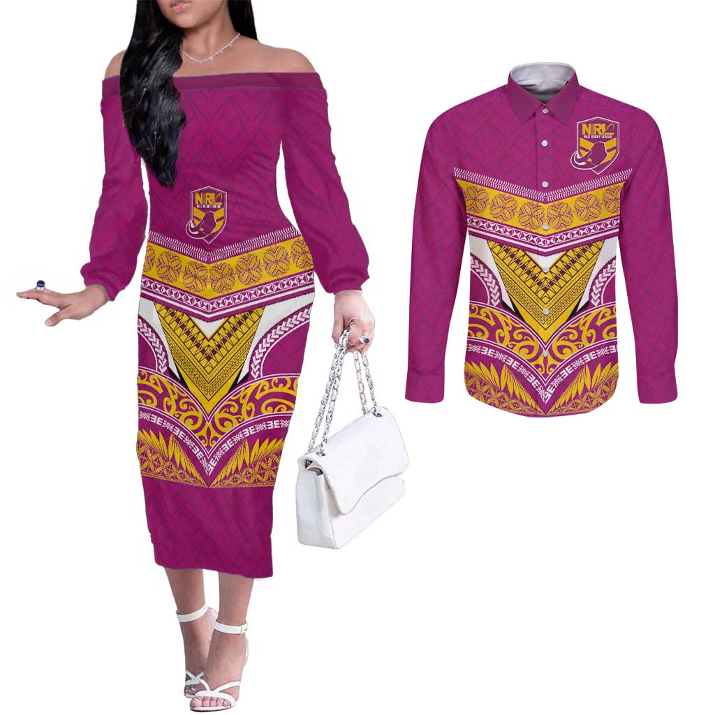 Custom Rugby Niue Couples Matching Off The Shoulder Long Sleeve Dress and Long Sleeve Button Shirt Hiapo Tribal Heritage Tattoos Pink Color - Polynesian Pride
