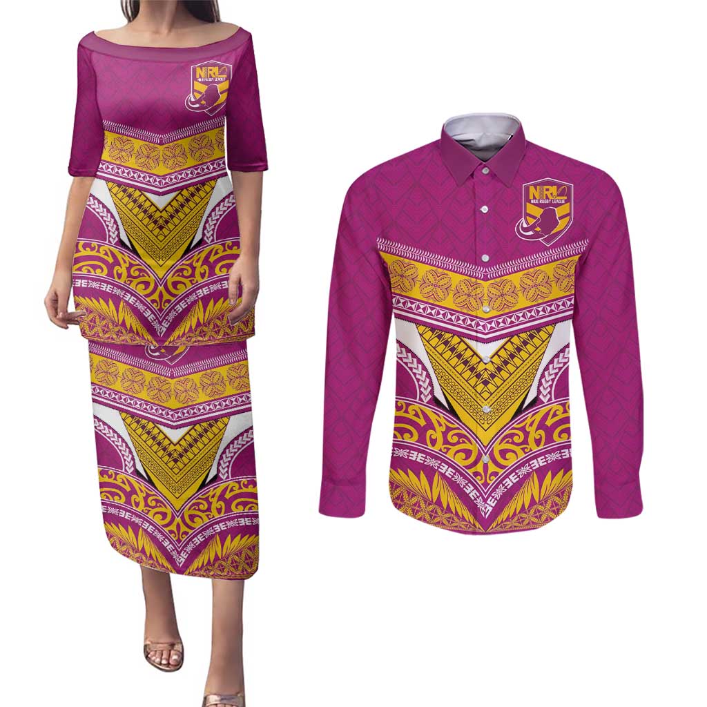 Custom Rugby Niue Couples Matching Puletasi and Long Sleeve Button Shirt Hiapo Tribal Heritage Tattoos Pink Color - Polynesian Pride