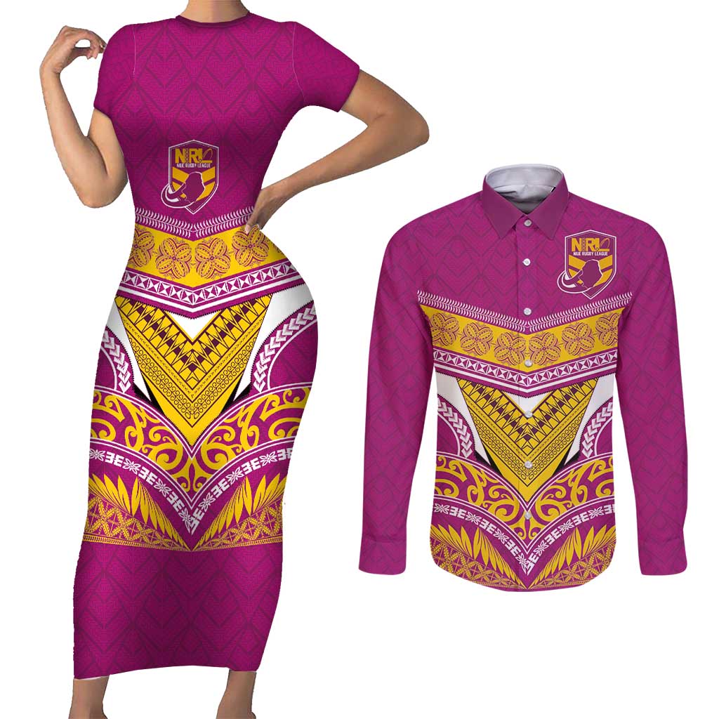 Custom Rugby Niue Couples Matching Short Sleeve Bodycon Dress and Long Sleeve Button Shirt Hiapo Tribal Heritage Tattoos Pink Color - Polynesian Pride