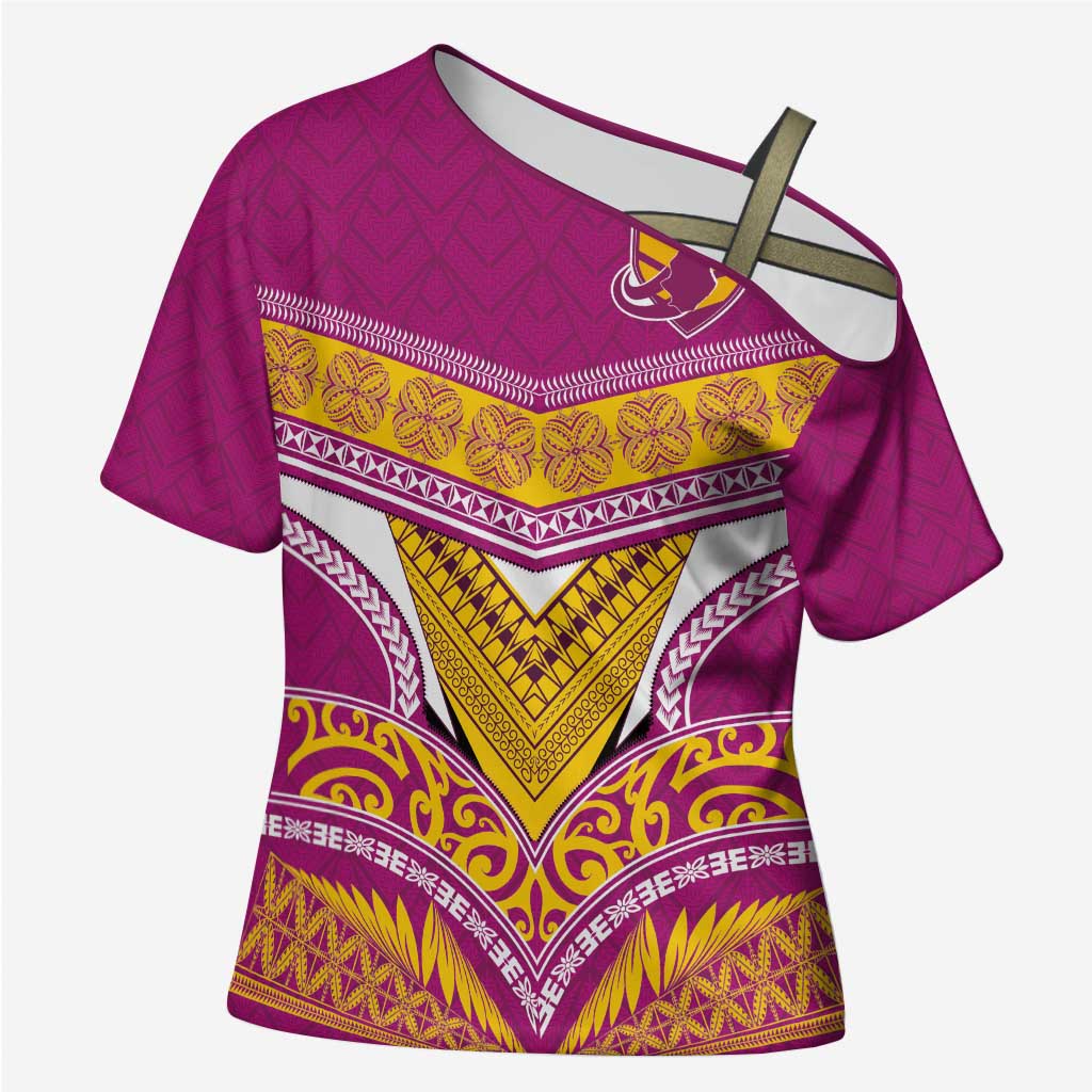 Custom Rugby Niue Cross Shoulder Shirt Hiapo Tribal Heritage Tattoos Pink Color - Polynesian Pride