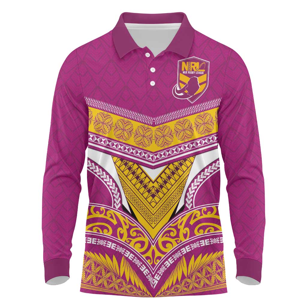 Custom Rugby Niue Long Sleeve Polo Shirt Hiapo Tribal Heritage Tattoos Pink Color - Polynesian Pride