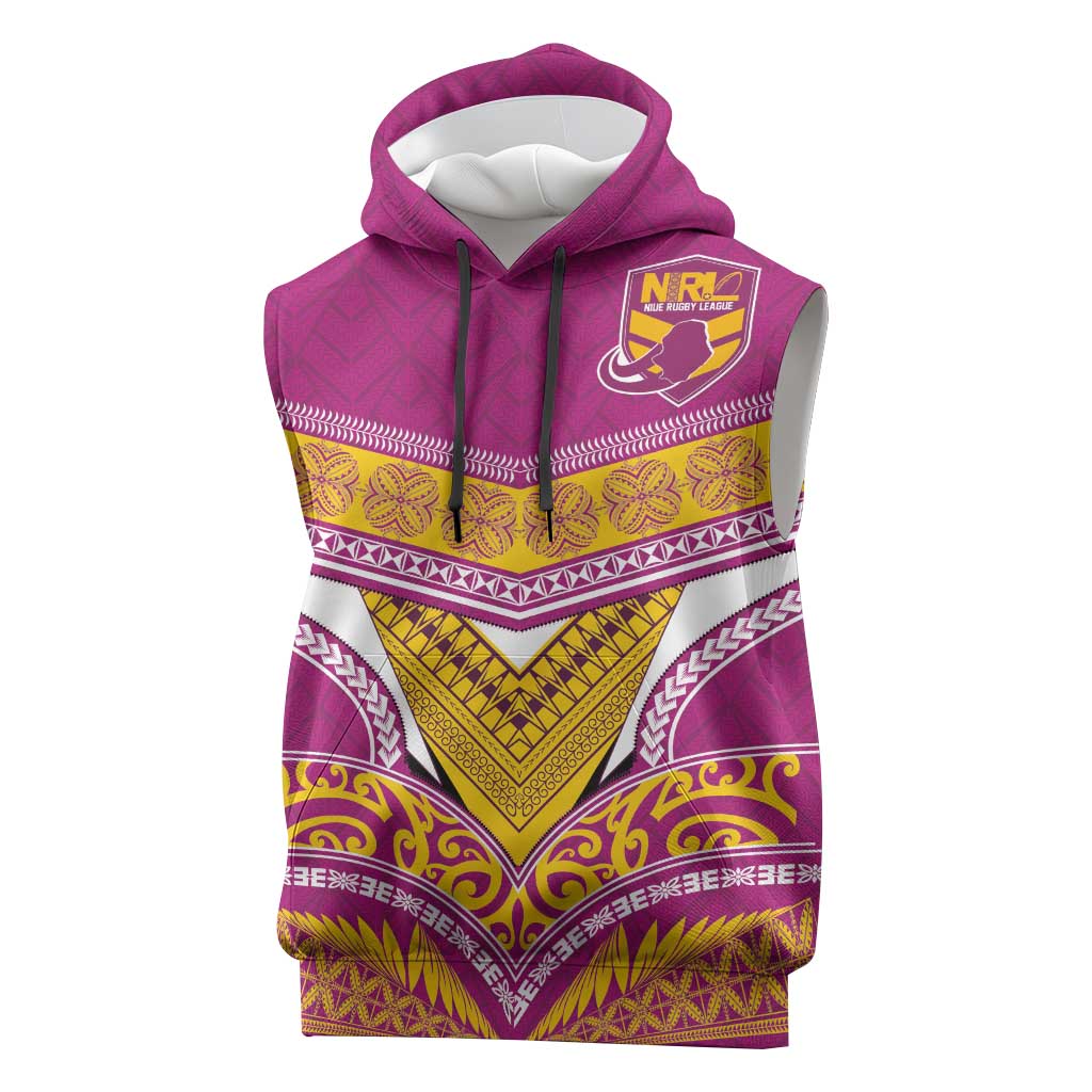 Custom Rugby Niue Sleeveless Hoodie Hiapo Tribal Heritage Tattoos Pink Color - Polynesian Pride