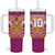 Custom Rugby Niue Tumbler With Handle Hiapo Tribal Heritage Tattoos Pink Color - Polynesian Pride