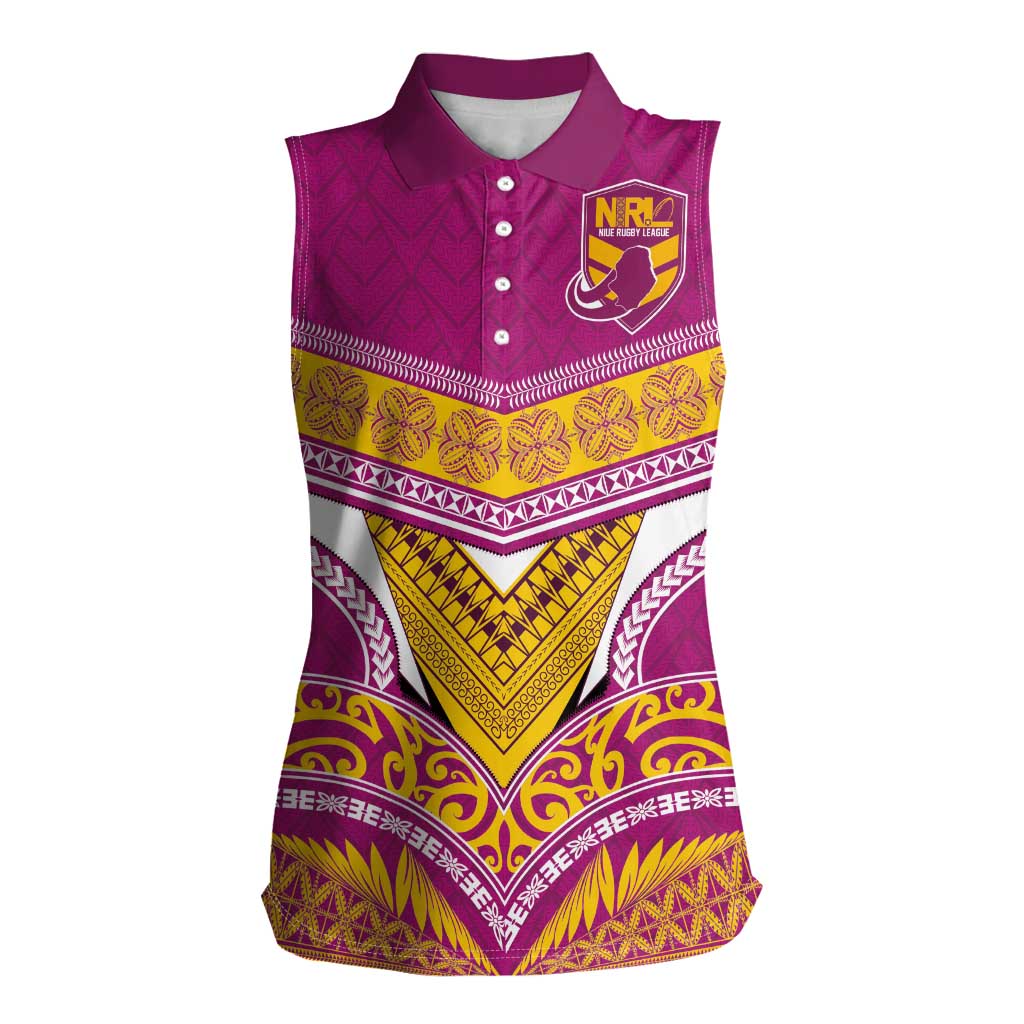 Custom Rugby Niue Women Sleeveless Polo Shirt Hiapo Tribal Heritage Tattoos Pink Color - Polynesian Pride