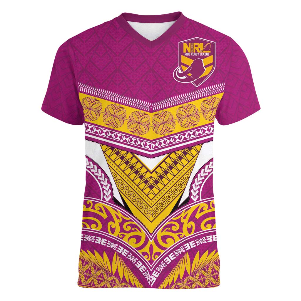Custom Rugby Niue Women V-Neck T-Shirt Hiapo Tribal Heritage Tattoos Pink Color - Polynesian Pride